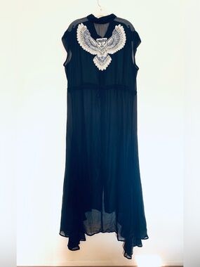 SHERYL CROW Sheer Beaded Duster Maxi Dress Size 1X Navy Owl Handkerchief Hem
